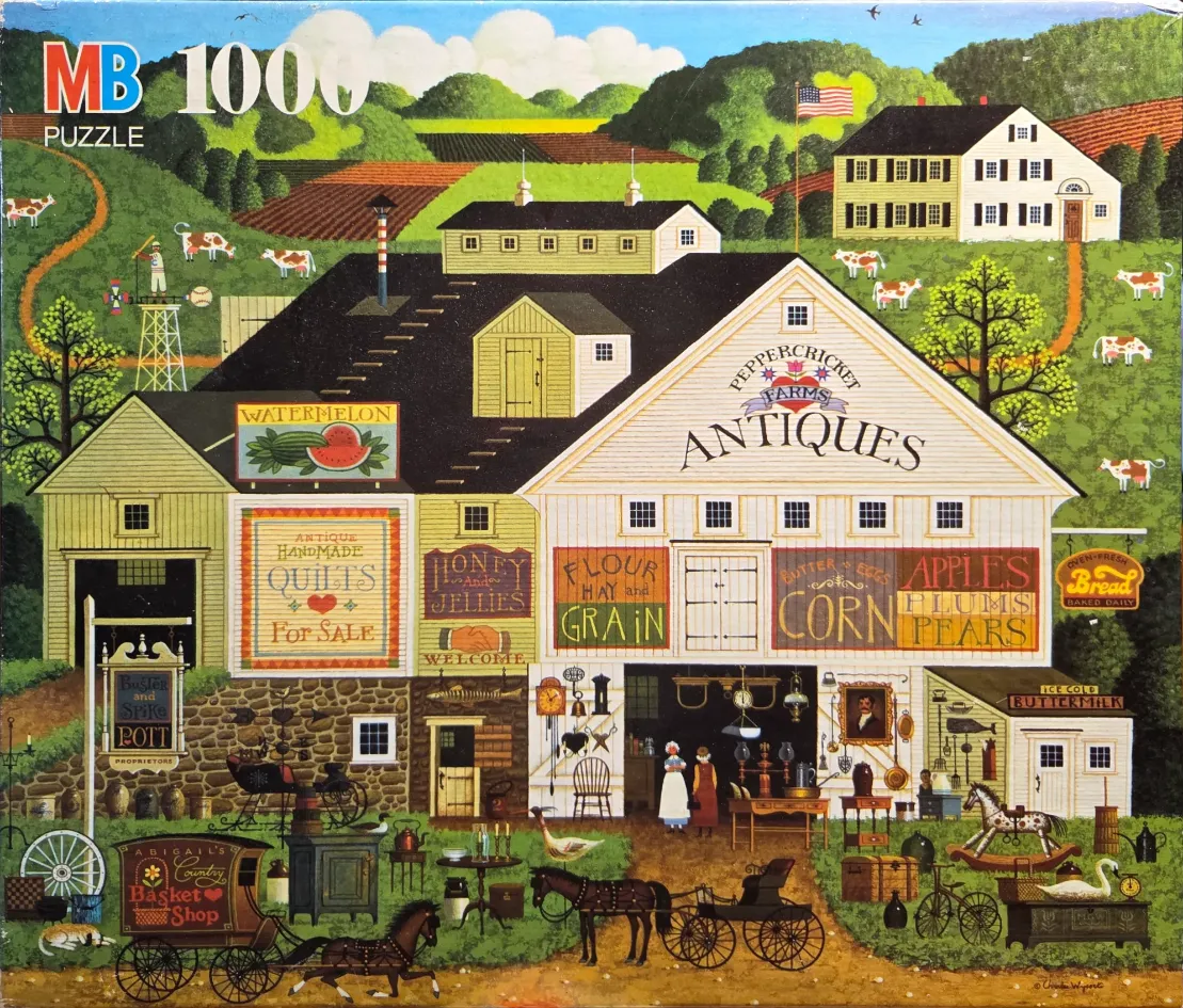 A detailed folk art painting of an antique shop housed in a large rural barn surrounded by a picturesque farm landscape.