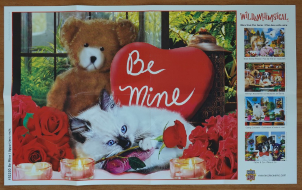 A teddy bear, a fluffy kitten, and a large red heart with the words Be Mine, surrounded by roses and candles.