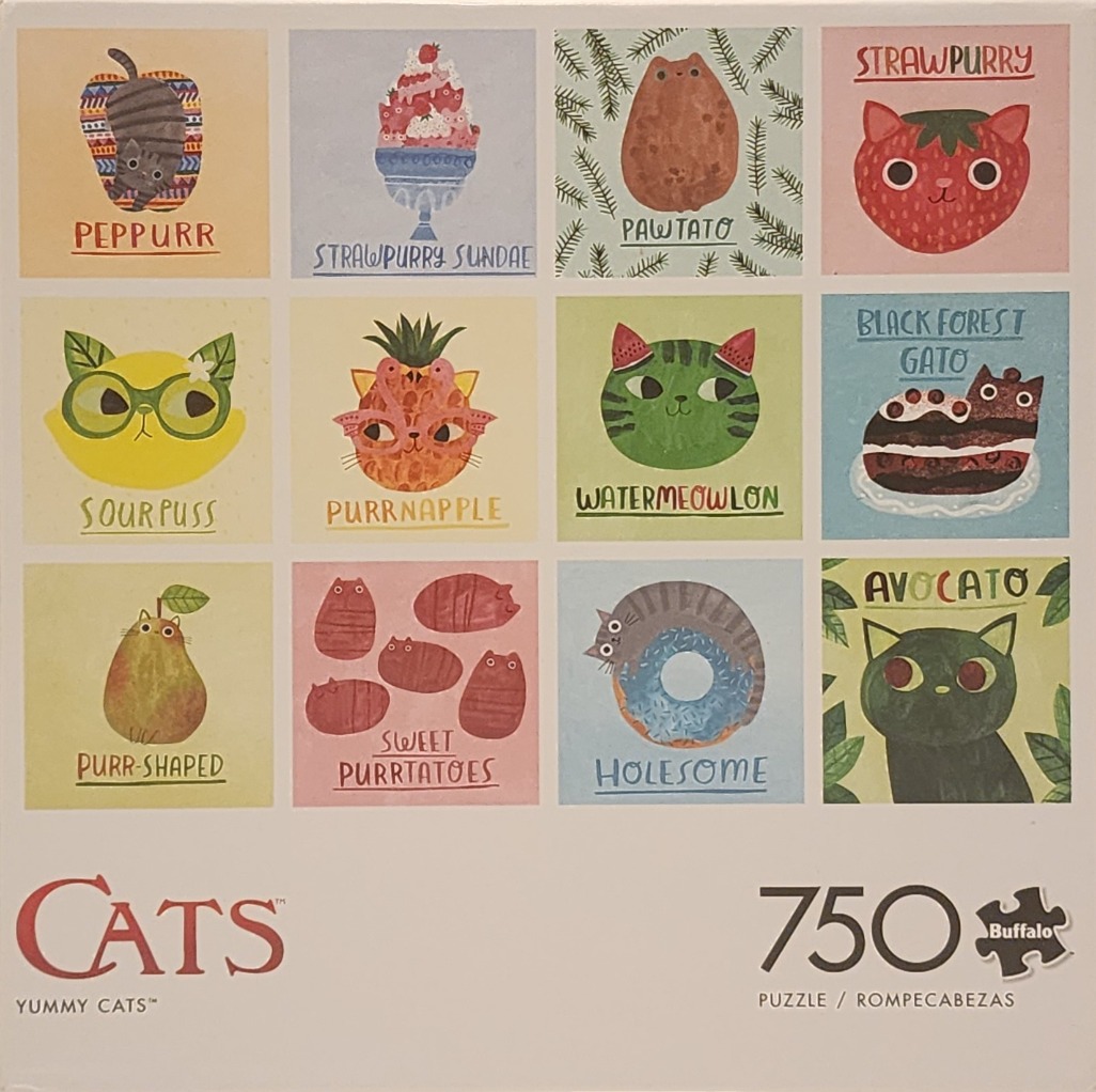 A grid of 12 cute, illustrated cats combined with various food items like fruits, vegetables, and desserts.