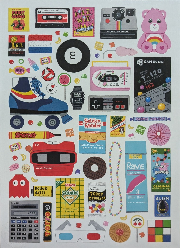 A collage of 1980s pop culture icons, retro snacks, toys, and technology on a white background.