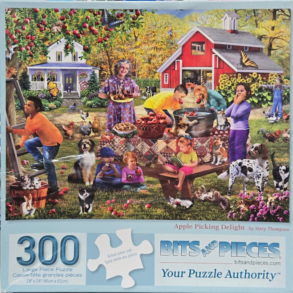 A vibrant autumn scene featuring children, a woman, and various animals gathered around a farm picnic table.