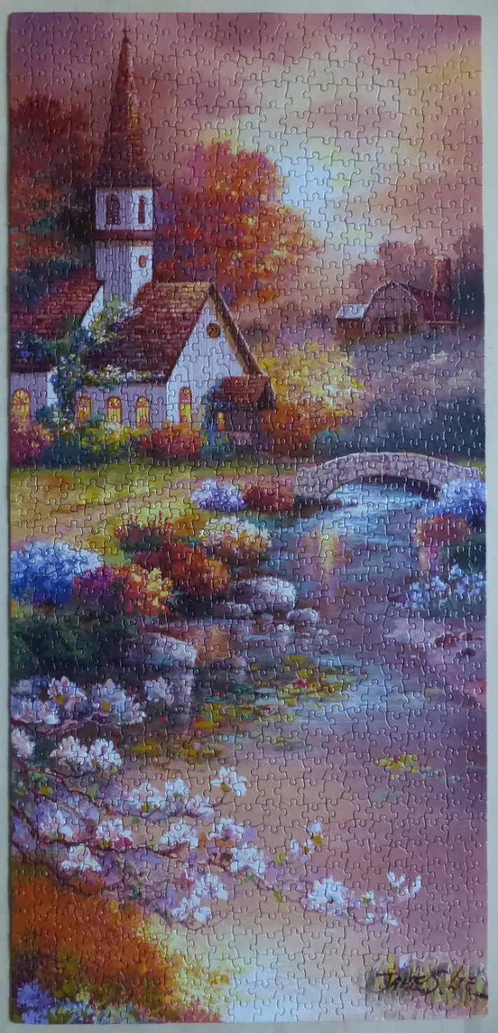 A peaceful landscape featuring a church with a tall steeple, a stone bridge, and vibrant flowers under a golden sunset.