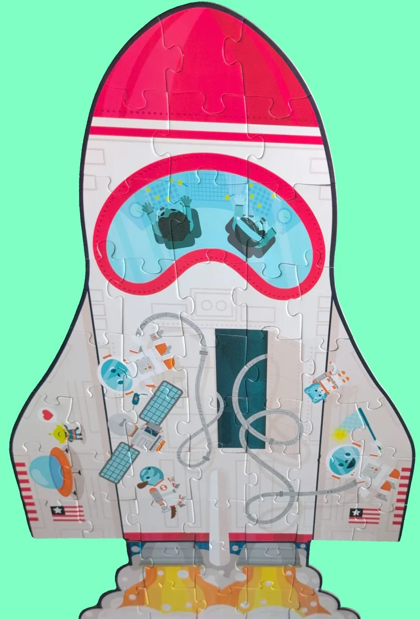 A whimsical illustration of a rocket ship with two pilots in the cockpit and astronauts floating outside.