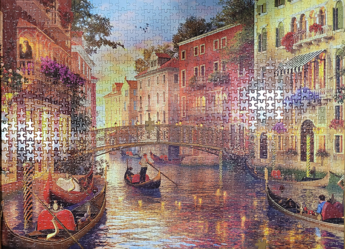 An illustration of a Venice canal scene with gondolas and traditional buildings at sunset.