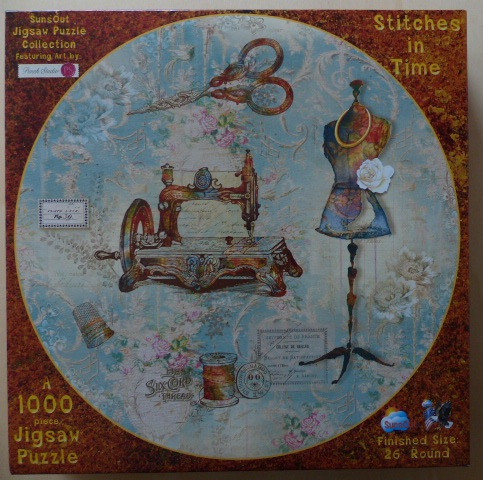 A vintage sewing-themed collage featuring a sewing machine, dress form, scissors, and floral patterns.