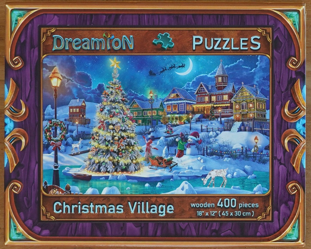 An illustration of a snowy Christmas village at night with a large decorated tree and a silhouette of Santa’s sleigh.