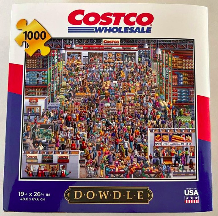 An illustration of a busy, bustling warehouse store filled with shoppers, products, and food service areas.