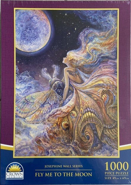 An ethereal illustration of a fairy with butterfly wings gazing up at a large full moon in a starry night sky.