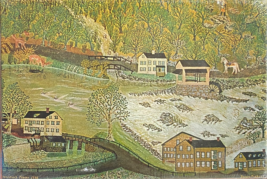 Folk art painting of a 1776 river settlement at Coryell's Ferry with historic buildings, a water wheel, and horses.