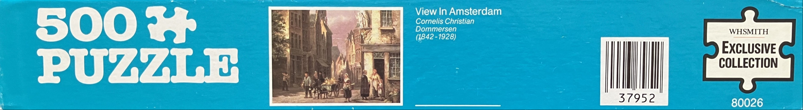 A painting of a 19th-century Amsterdam street scene with figures, carts, and Dutch-style architecture.