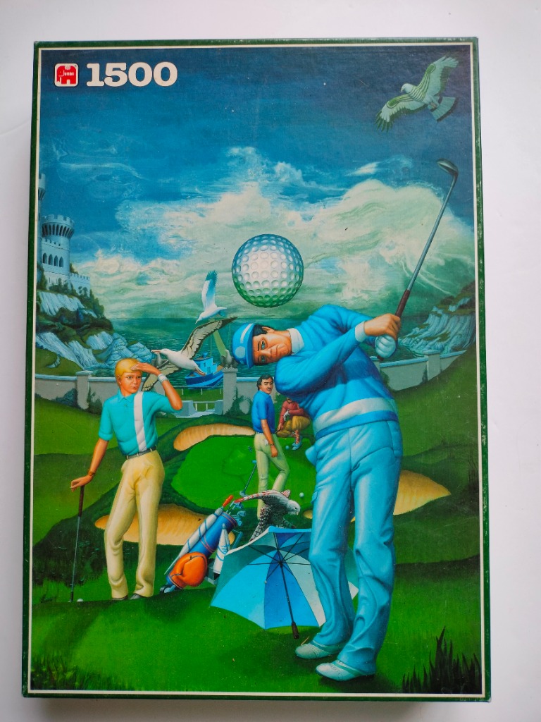 Surreal illustration of golfers on a coastal course under a bright sky with a floating golf ball.