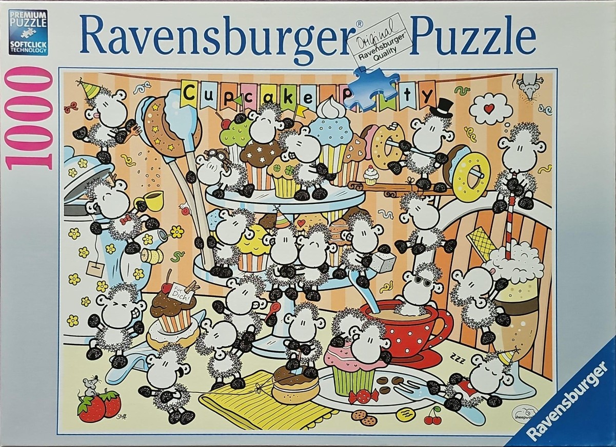 Cartoon illustration of many small sheep having a party around cupcakes and sweets.