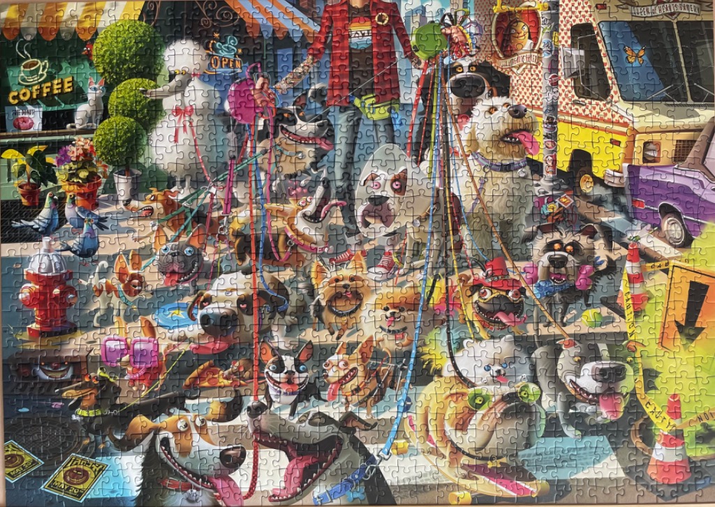 A busy cartoon illustration of a dog walker surrounded by a large, diverse crowd of energetic dogs in a city street.