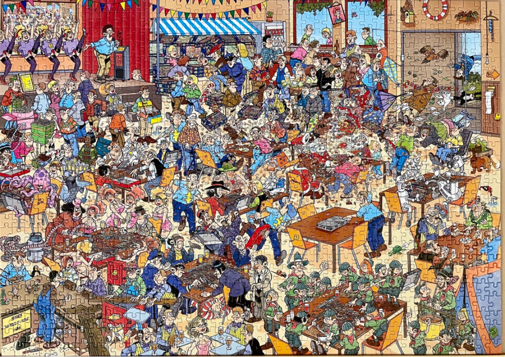 A bustling, chaotic cartoon illustration of a large hall filled with people participating in a complex hobby competition.