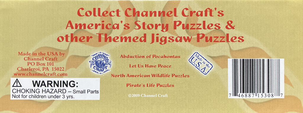 America's Story Puzzles & Themed Puzzles: "Abduction of Pocahontas," "Let Us Have Peace," "North American Wildlife," "Pirate's Life."