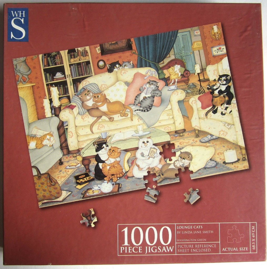 An illustration of many cats relaxing and playing in a cozy, cluttered Victorian-style living room.