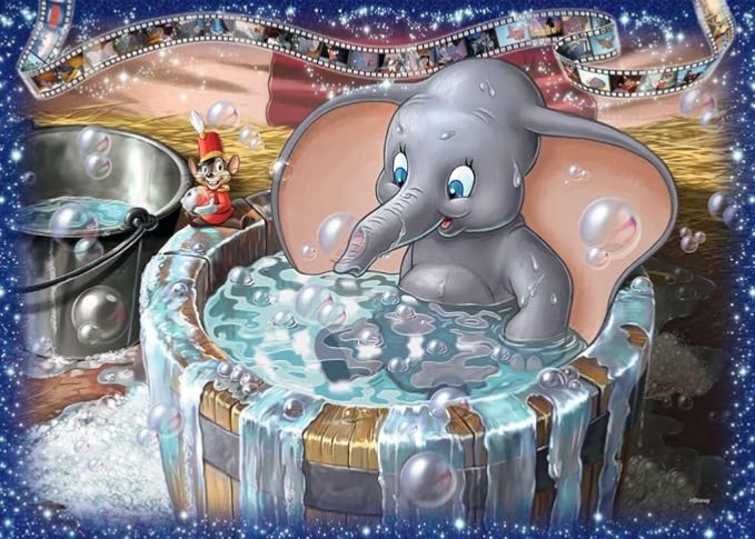A cartoon baby elephant sits in a wooden tub filled with soapy water while a small mouse in a uniform watches.