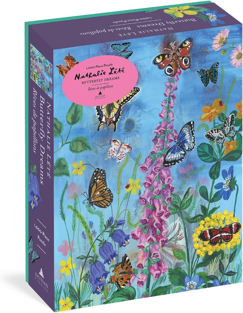 A whimsical illustration of various colorful butterflies fluttering around tall pink foxgloves and bluebells against a blue s