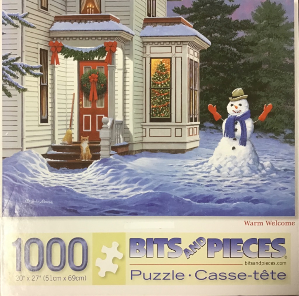 A festive illustration of a snowy home exterior with a snowman, a cat on the porch, and holiday decorations.