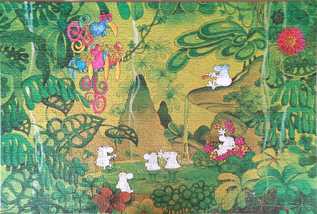 Whimsical cartoon illustration of Moomin-like creatures in a vibrant, lush tropical jungle setting.