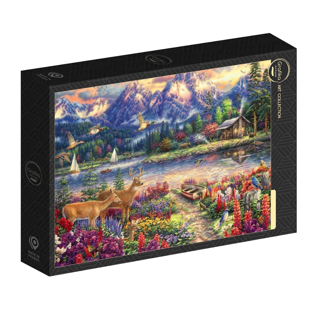 A peaceful mountain landscape with a lake, a rustic cabin, a pair of deer, and vibrant wildflowers.