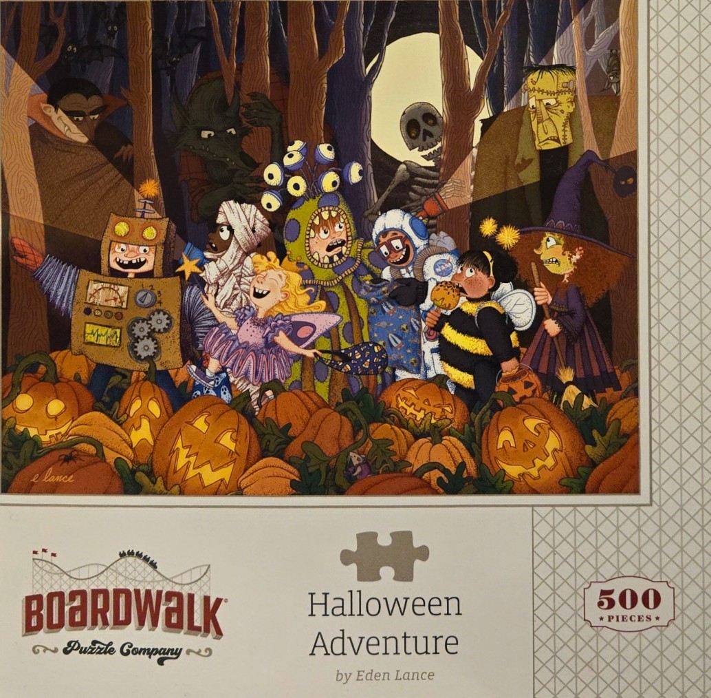 Illustration of children in Halloween costumes trick-or-treating in a spooky forest with classic movie monsters.