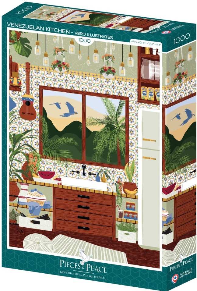 An illustration of a cozy kitchen with patterned tiles, a view of mountains through a window, and hanging plants.