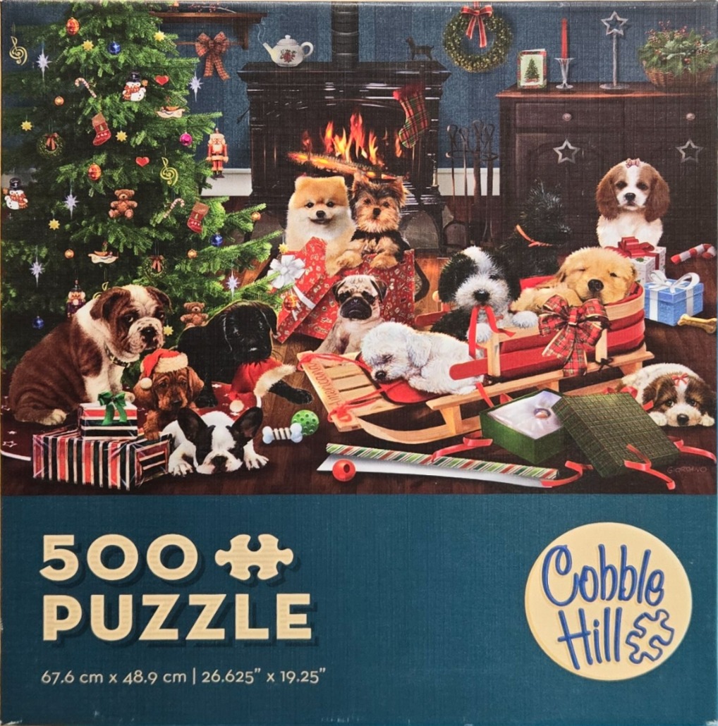 A group of diverse puppies sitting and sleeping in front of a decorated Christmas tree and a cozy fireplace.