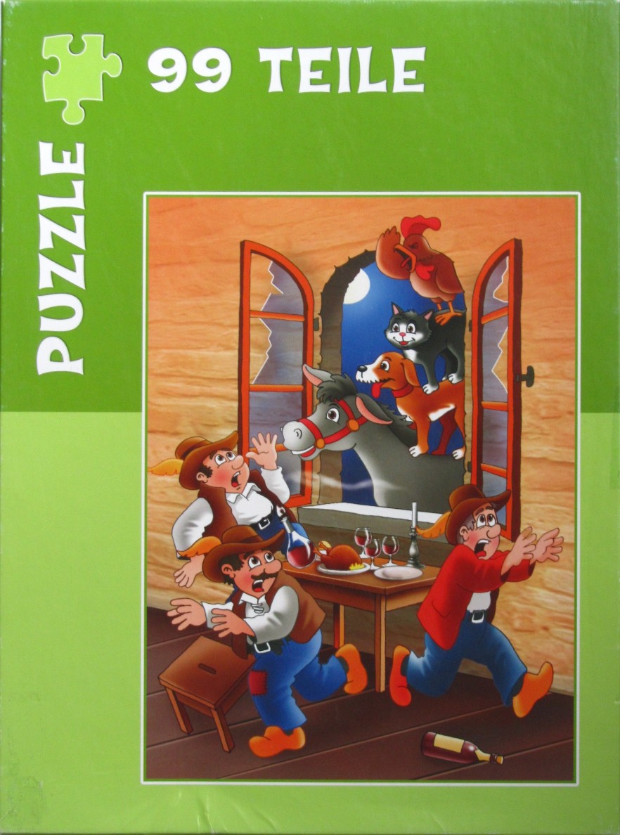 Cartoon illustration of three startled bandits reacting to a donkey, dog, cat, and rooster appearing in their window.