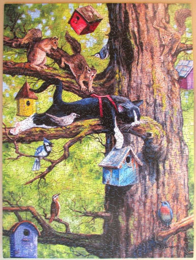 A black cat wearing a harness stretches along a tree branch surrounded by colorful birdhouses, squirrels, and various birds.