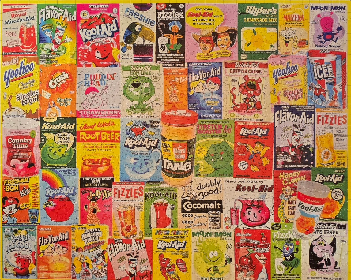 A collage of vintage drink mix advertisements and packaging from the mid-20th century.
