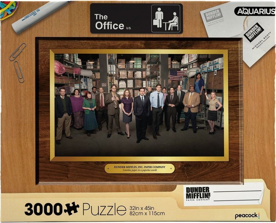 A group portrait of the cast of The Office standing in a paper warehouse inside a wooden frame.