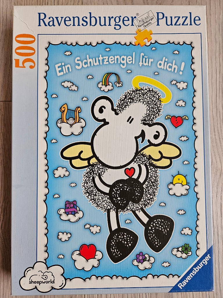 Cartoon illustration of a fluffy sheep angel floating in a blue sky surrounded by clouds and small symbols.