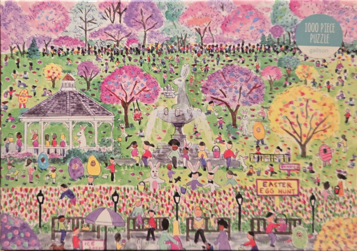 Watercolor illustration of a park filled with people in costumes participating in an Easter egg hunt.