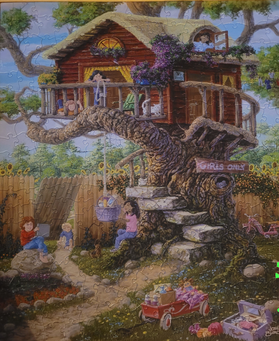 An illustration of a rustic treehouse with a 'Girls Only' sign, surrounded by children and toys in a garden.