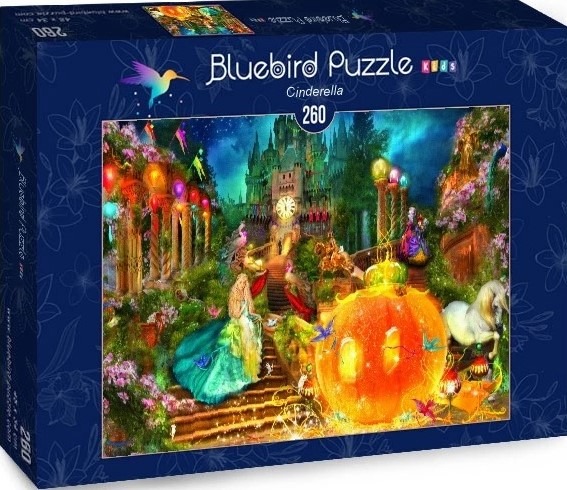 Cinderella in a ballgown walks toward a glowing pumpkin carriage in front of a magical castle at night.