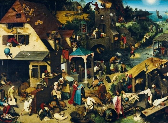 A densely populated Renaissance scene depicting numerous folk proverbs played out by peasants in a village.