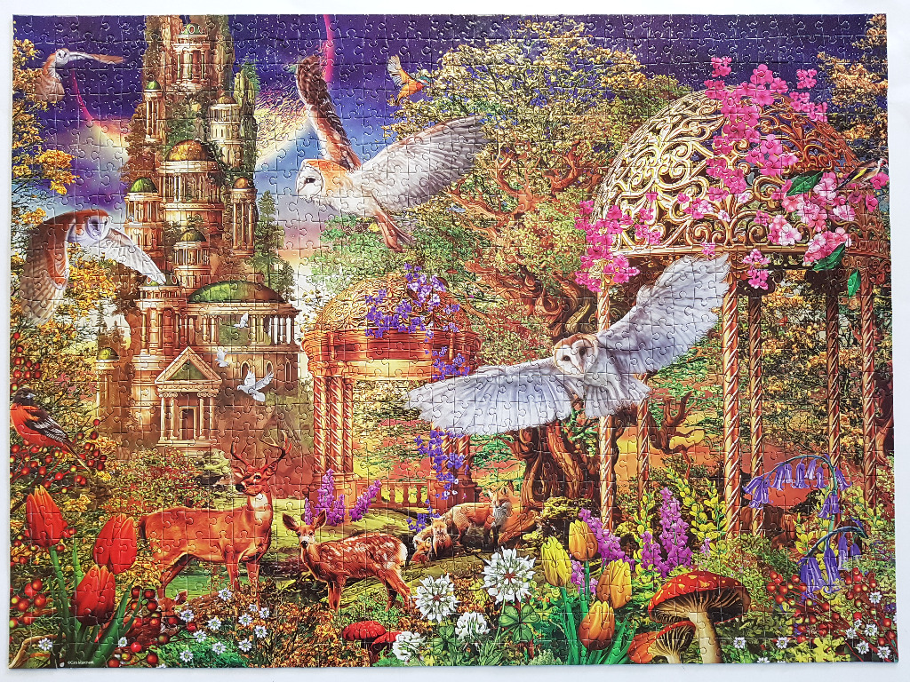 Fantasy landscape with owls, a deer, and golden gazebos
