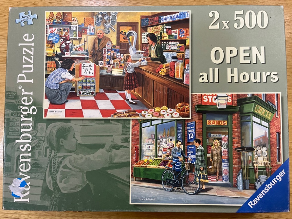 Two nostalgic paintings of mid-century British grocery shops with customers and clerks in a vintage style.