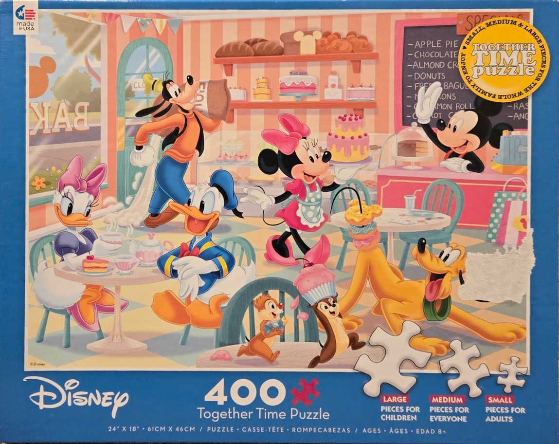 Cartoon scene of Disney characters working and socializing inside a colorful bakery.