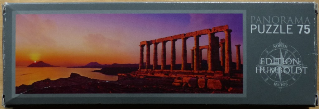 Panoramic photograph of the Temple of Poseidon at Cape Sounion during a vibrant sunset.