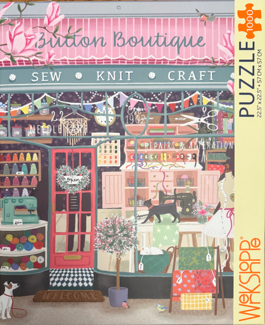 An illustration of a charming craft store called Button Boutique with a cat in the window.