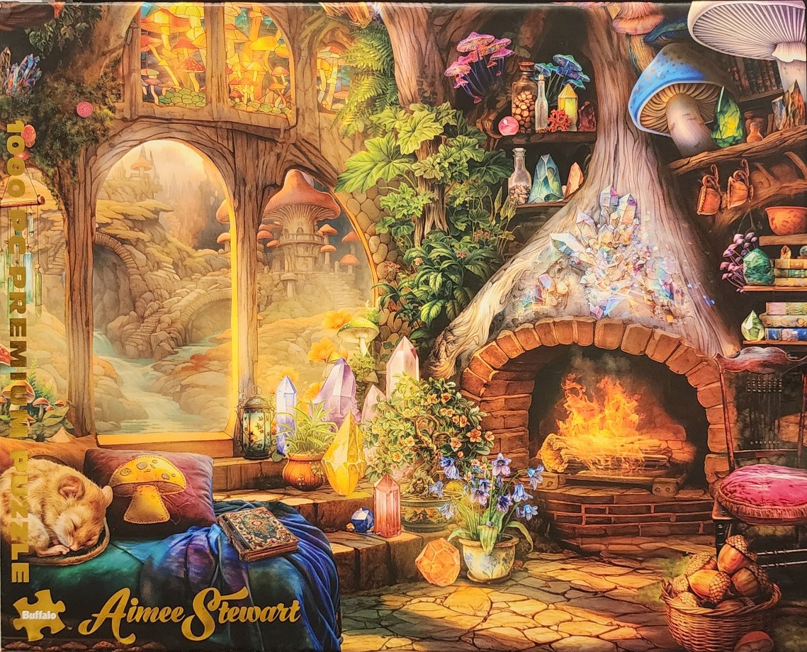 An illustration of a cozy woodland room with a fireplace, glowing crystals, a sleeping hamster, and a view of a fairy-tale la