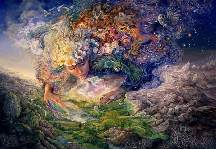 A surreal illustration of a mother nature figure whose hair contains a menagerie of wildlife and flowers
