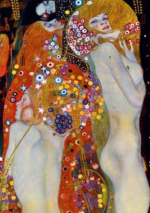 A painting featuring three ethereal female figures surrounded by stylized, colorful floral patterns against a dark background