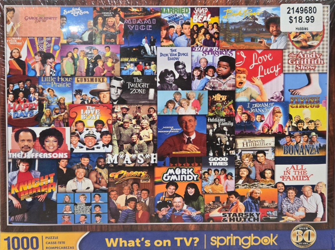 A collage of vintage television show title cards and cast photographs.
