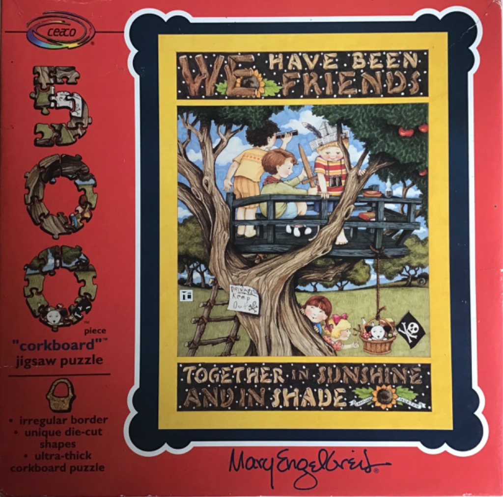 Illustration of three children playing in a treehouse with a pirate theme and friends below.