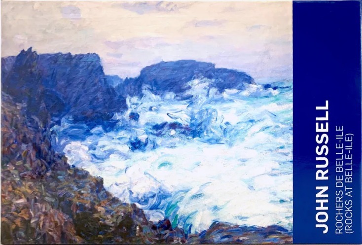 Impressionist painting of rugged, dark blue rock formations crashing into turbulent white and light blue sea waves.