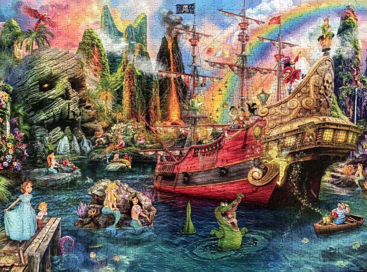 A vibrant fantasy illustration of Peter Pan characters, a pirate ship, and a skull-shaped island at sunset.