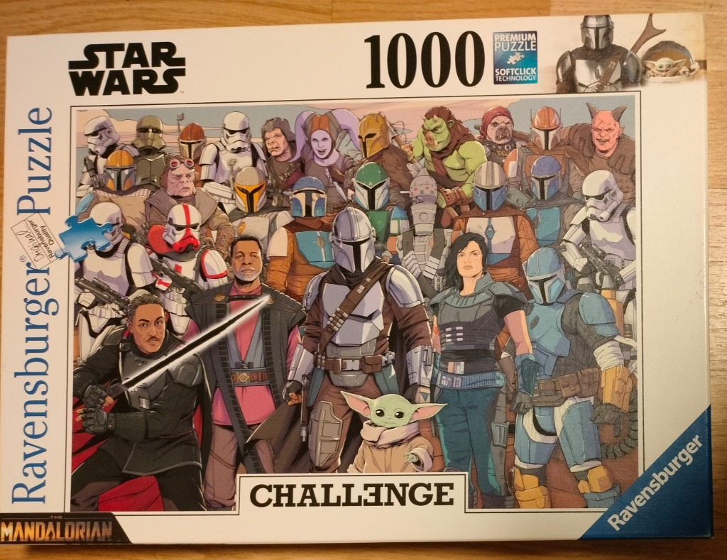 A detailed illustration featuring a large group of Mandalorian warriors, characters, and troopers from a sci-fi series.